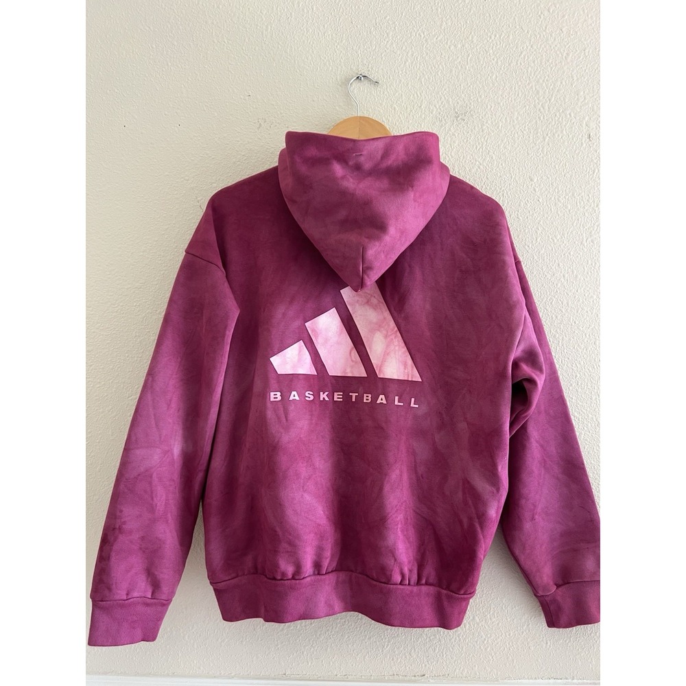 Adidas Basketball Unisex XS Magenta Purple Acid Wash Oversized Fleece Hoodie